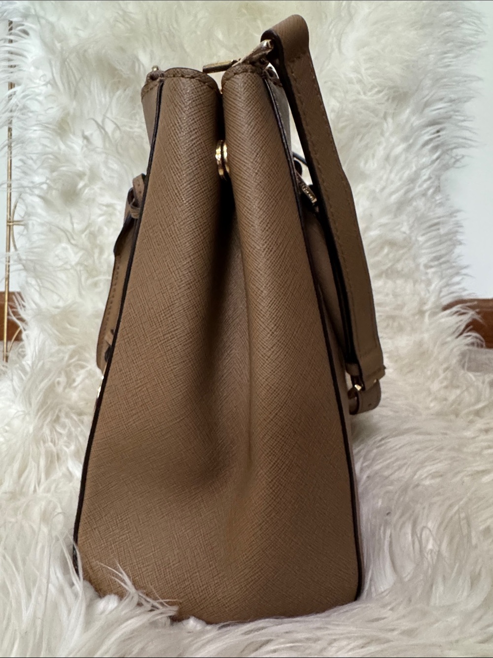 MICHAEL KORS Taupe Saffiano Leather Satchel with Gold Hardware - Picture 8 of 10